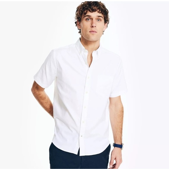 Nautica Mens Button Up Short-Sleeve Oxford Shirt Bright White XL Extra Large - Picture 1 of 5